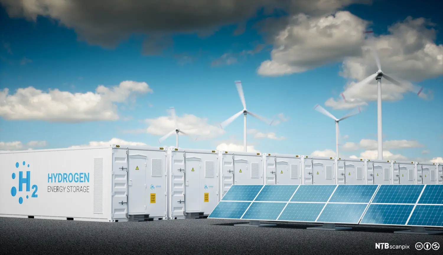 A hydrogen energy storage facility with wind turbines and solar panels, representing the integration of renewable energy sources for sustainable power generation.