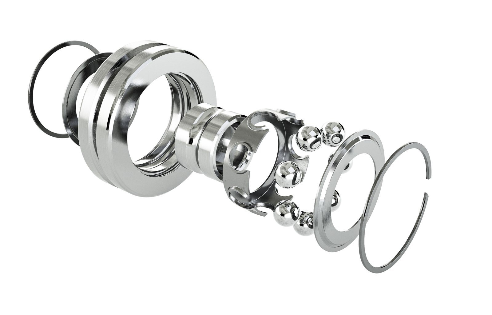 Exploded view of a precision stainless steel ball bearing showing rings, cage, and ball elements.