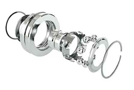 Exploded view of a special ball bearing showing rings, balls and retaining clips